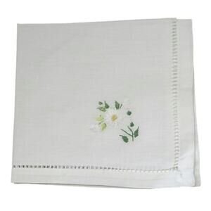 Linen handkerchief with Daisy  Embroidery White 13"